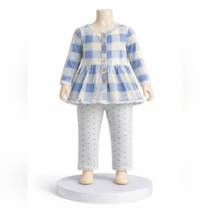 Blue & Cream Plaid Top and Polka Dot Leggings - Kids Shirt Set